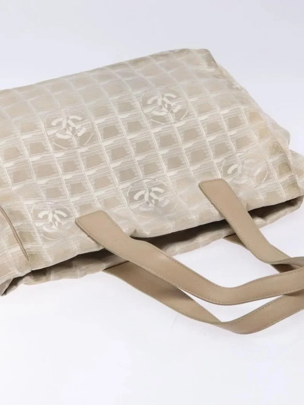 CHANEL New Travel line Hand Bag Beige Silver CC Auth 141510